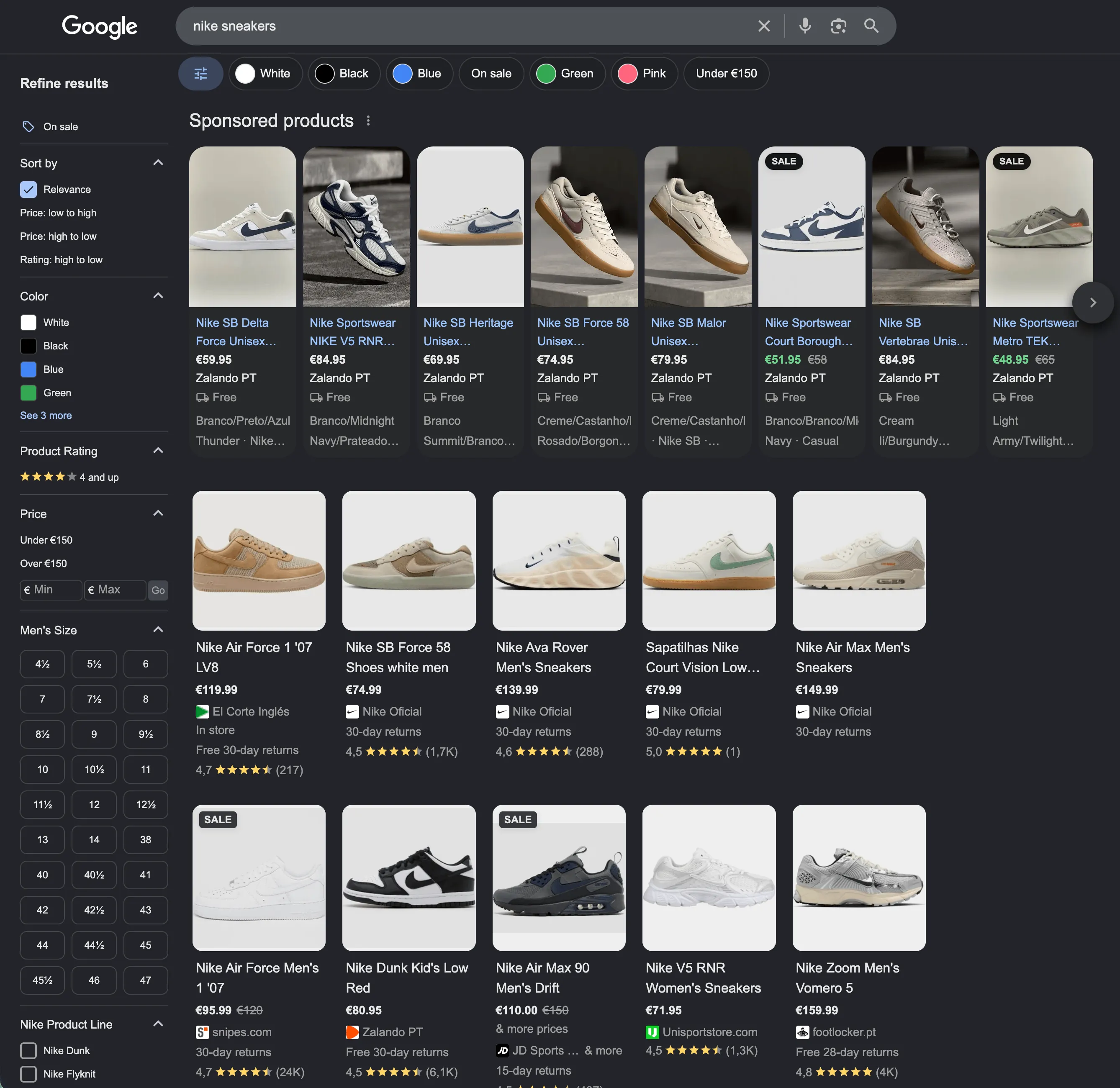 Marketplace search results for sneakers across storefronts