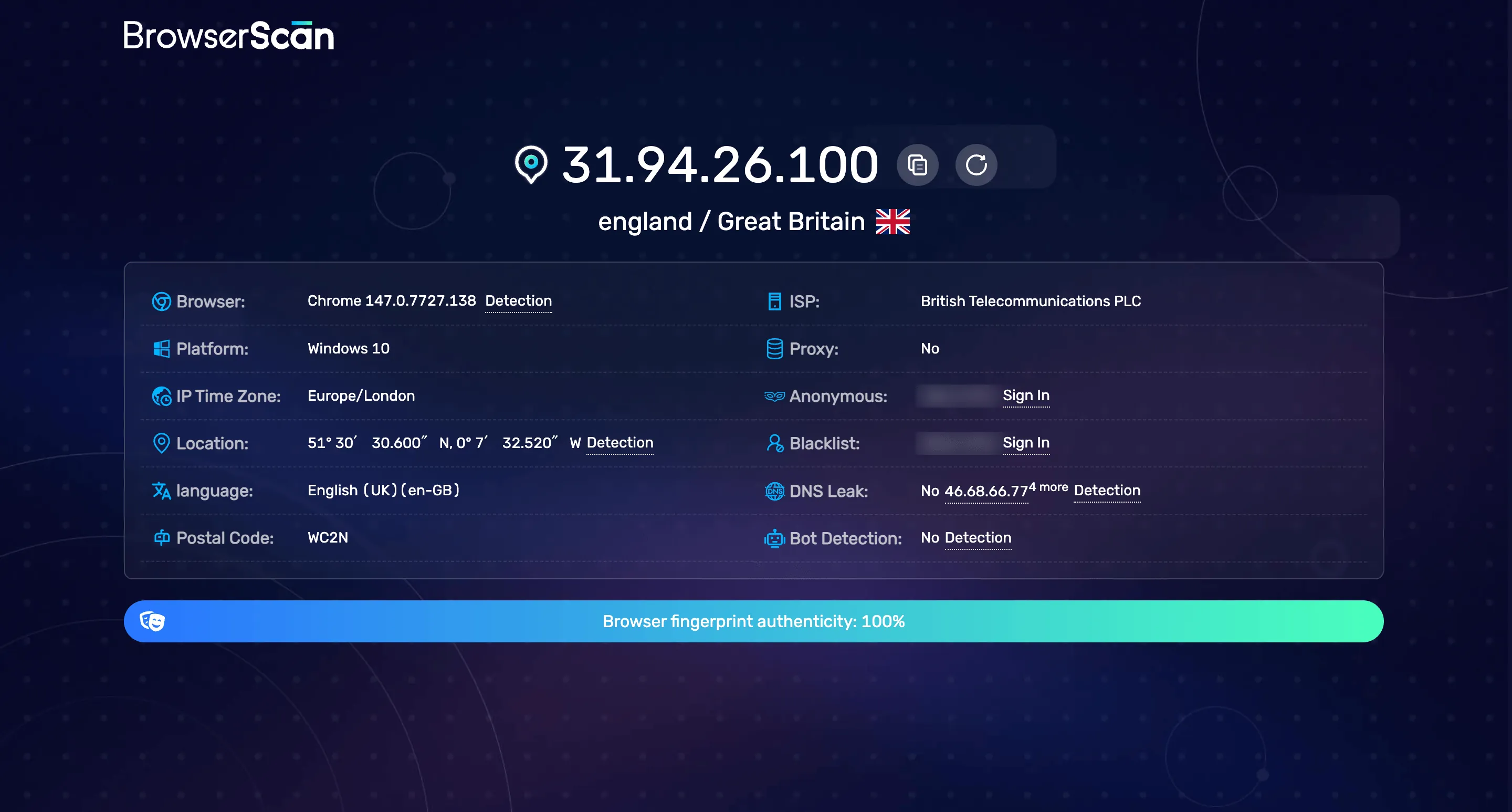 BrowserScan fingerprint report showing a clean result
