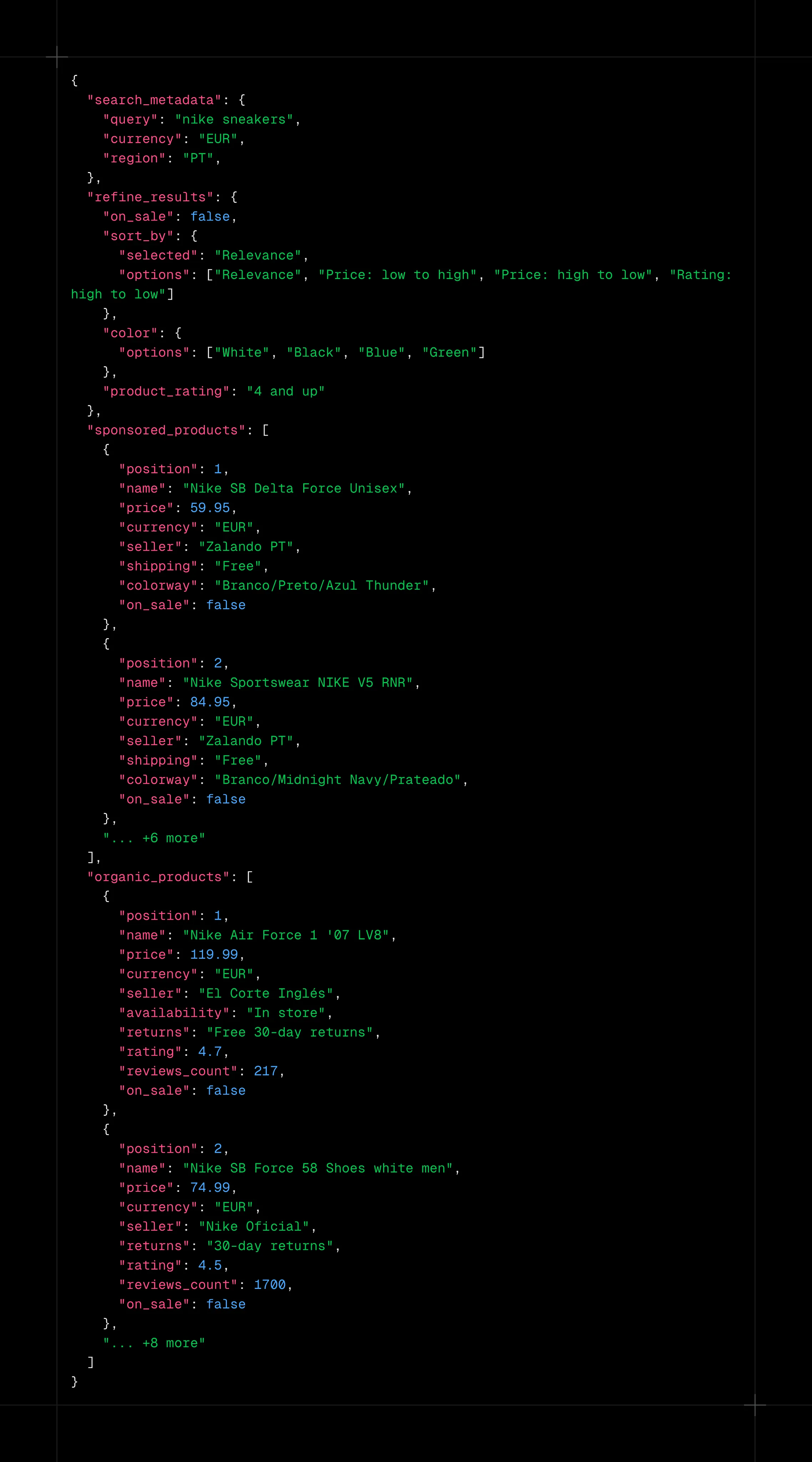 Normalized JSON output for a single SKU