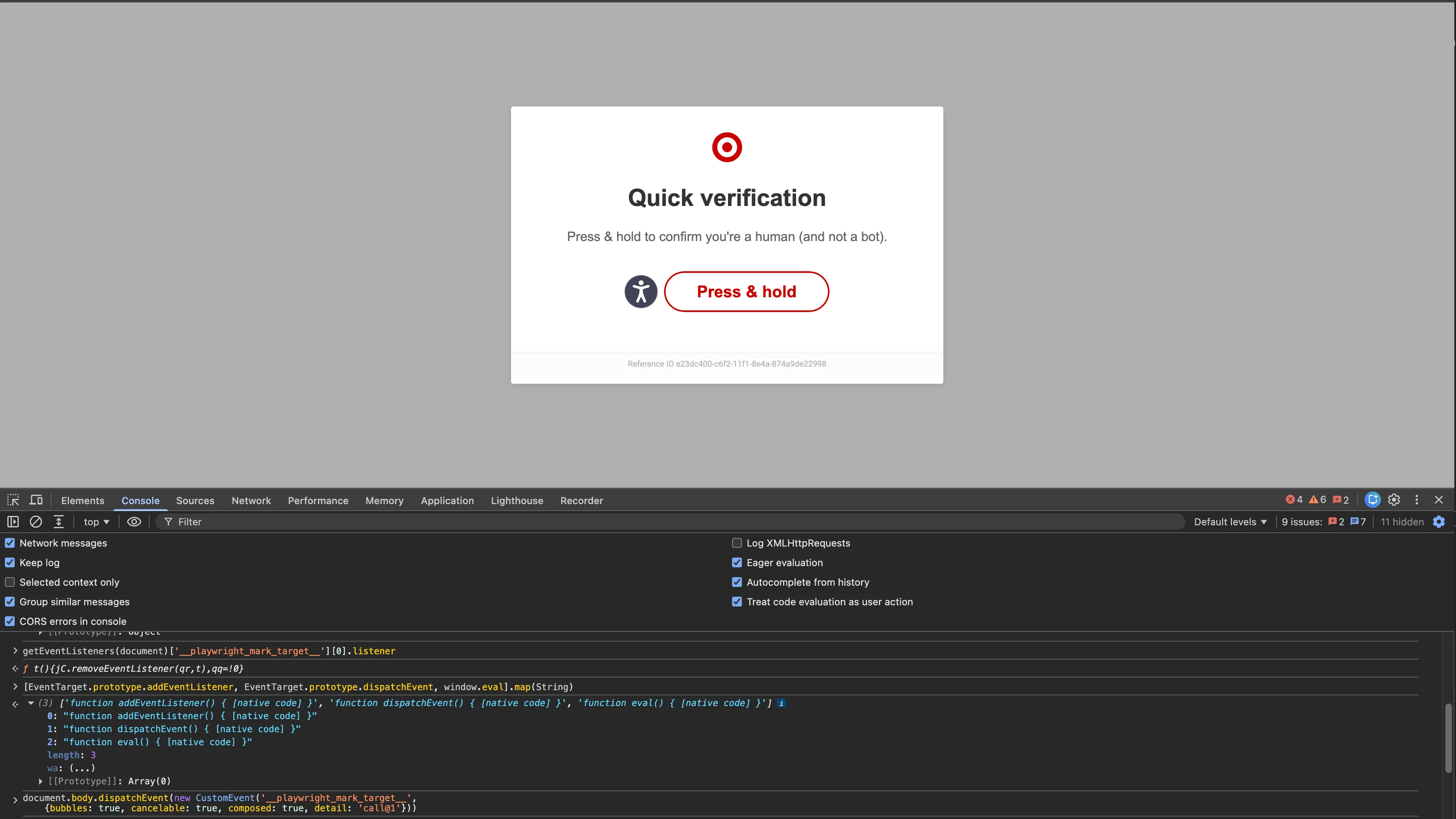 HUMAN press-and-hold challenge shown after firing Playwright's marker event by hand from the DevTools console