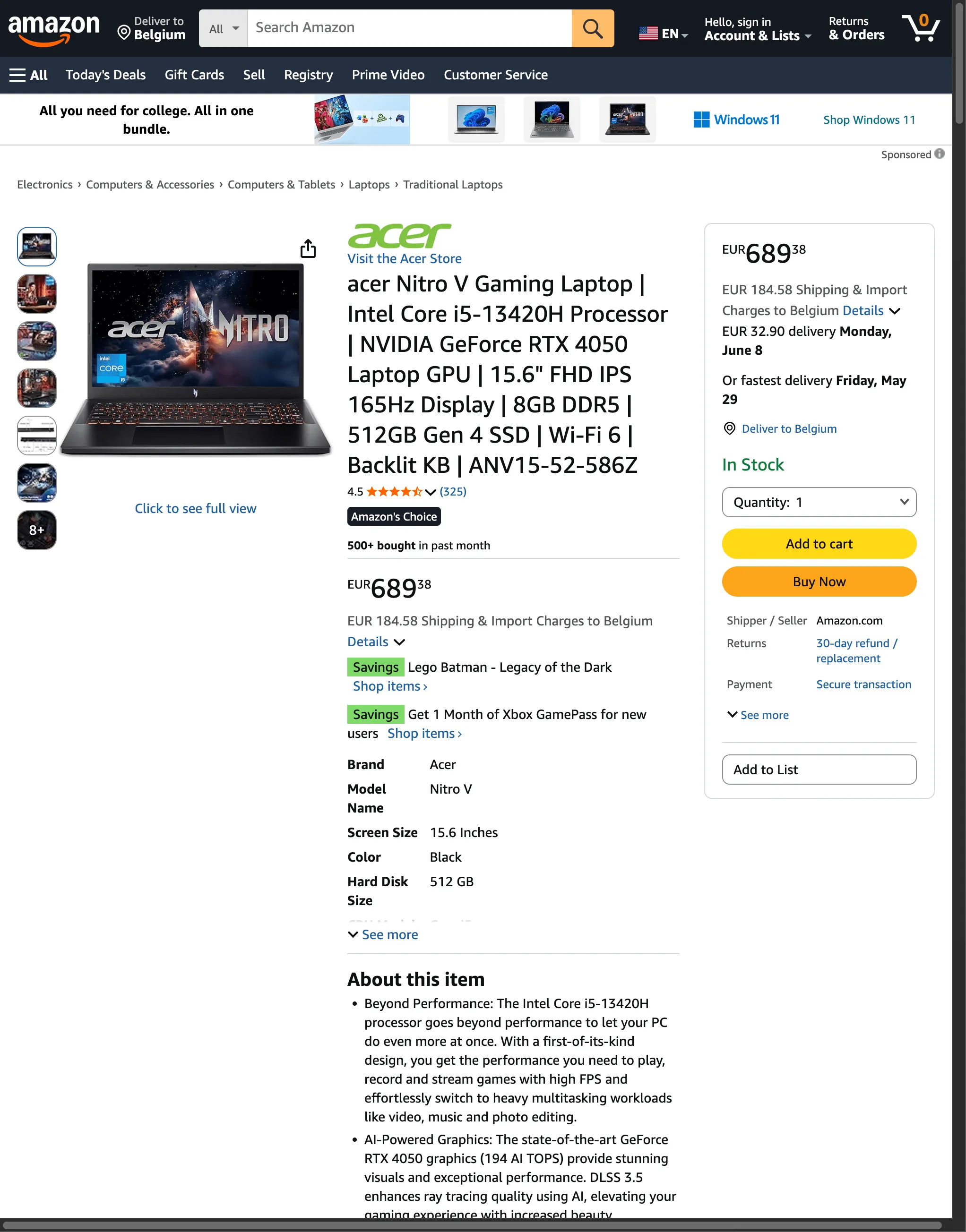 Agent browsing an Amazon laptop search result